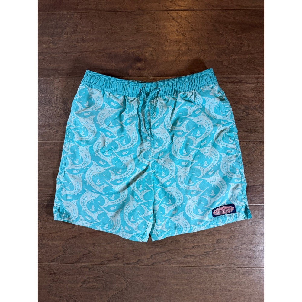 Vineyard Vines Boys Aqua Marlin Fish Print Swim Trunks Size M 12-14 Blue